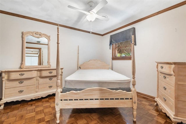 bedroom with crown molding, ceiling fan, and dark parquet flooring