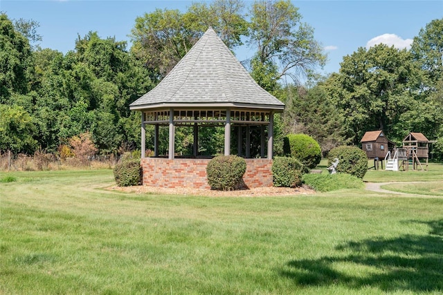 view of yard with an outbuilding and a gazebo