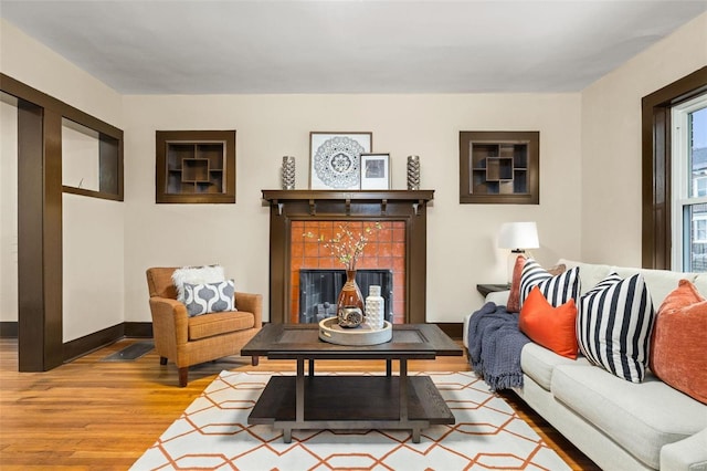 living room featuring a fireplace and wood-type flooring