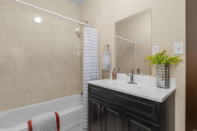 bathroom featuring shower / bath combination with curtain and vanity