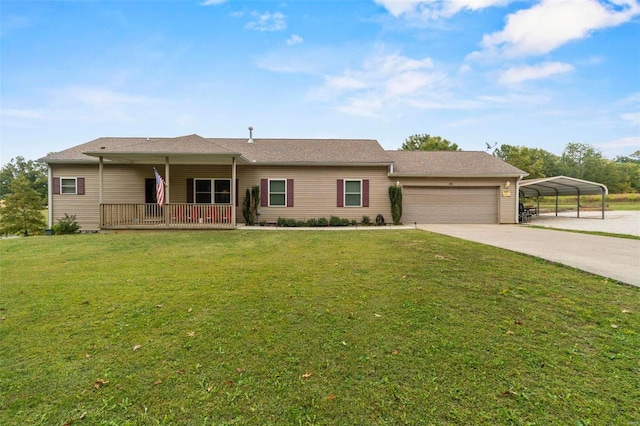 ranch-style house with a porch, a garage, a carport, and a front lawn