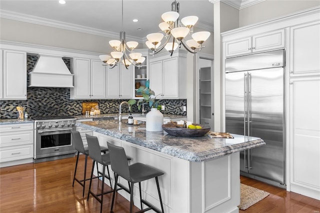 kitchen with backsplash, premium range hood, an island with sink, and premium appliances