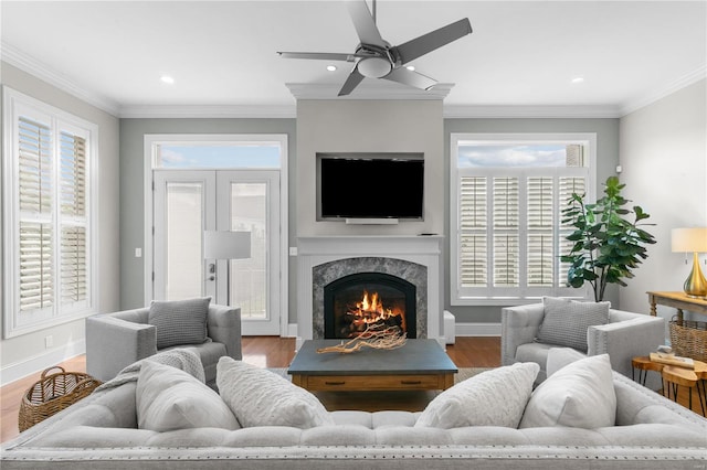 living room featuring wood-type flooring, a high end fireplace, and a healthy amount of sunlight