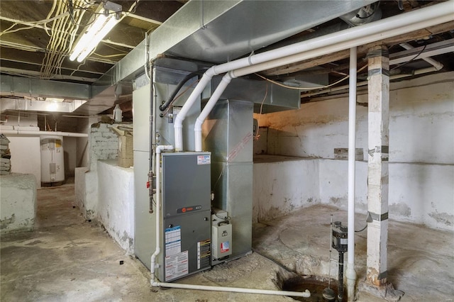 basement featuring water heater and heating unit