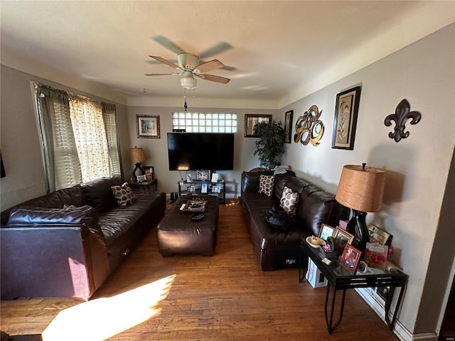 living room with hardwood / wood-style flooring and ceiling fan