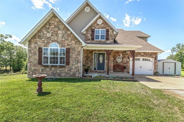 view of front property featuring a storage shed, a garage, and a front yard