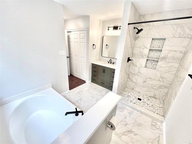 bathroom with vanity and plus walk in shower