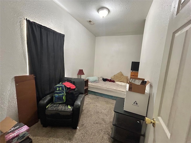 bedroom featuring carpet floors and a textured ceiling