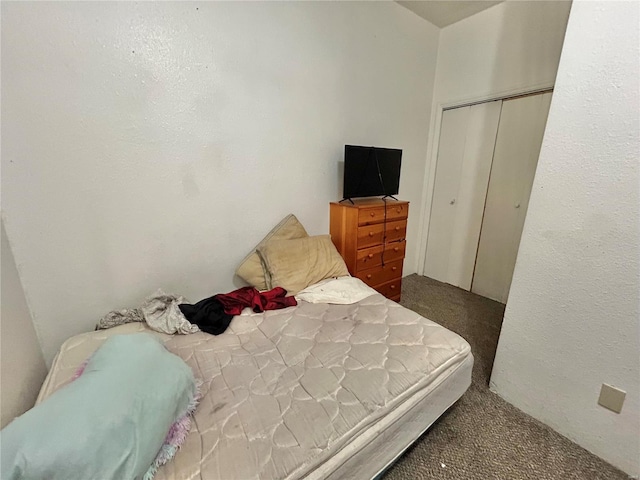 bedroom with dark carpet and a closet