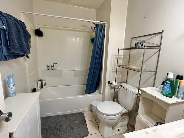 bathroom with shower / bathtub combination with curtain, tile patterned floors, and toilet