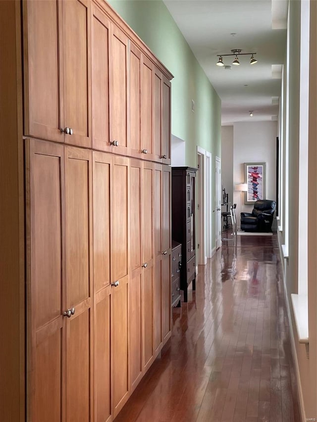 hallway featuring rail lighting and dark hardwood / wood-style floors