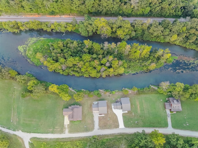 bird's eye view featuring a water view and a rural view