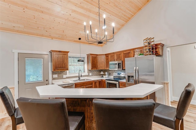 kitchen with an inviting chandelier, wooden ceiling, decorative light fixtures, stainless steel appliances, and high vaulted ceiling