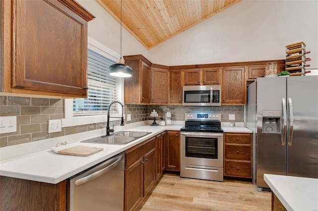 kitchen with light wood-type flooring, pendant lighting, stainless steel appliances, sink, and wood ceiling