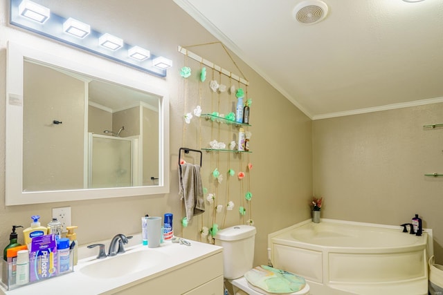 bathroom with a bath, ornamental molding, a shower stall, and visible vents