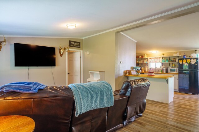 living room featuring light hardwood / wood-style flooring and crown molding