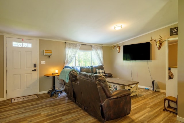 living room featuring hardwood / wood-style flooring and crown molding