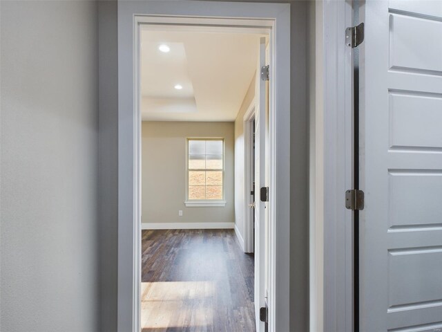 corridor with dark hardwood / wood-style flooring and a raised ceiling