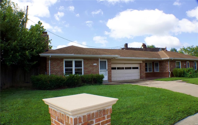 ranch-style home with a front lawn and a garage