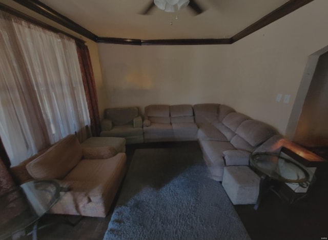 living room featuring ceiling fan and crown molding