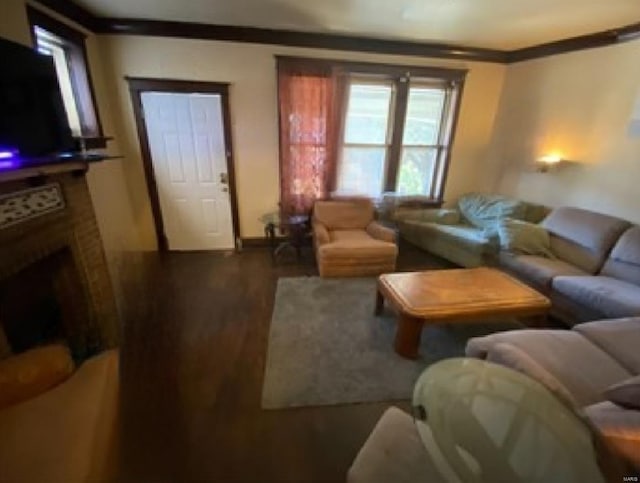 living room with crown molding and dark hardwood / wood-style flooring