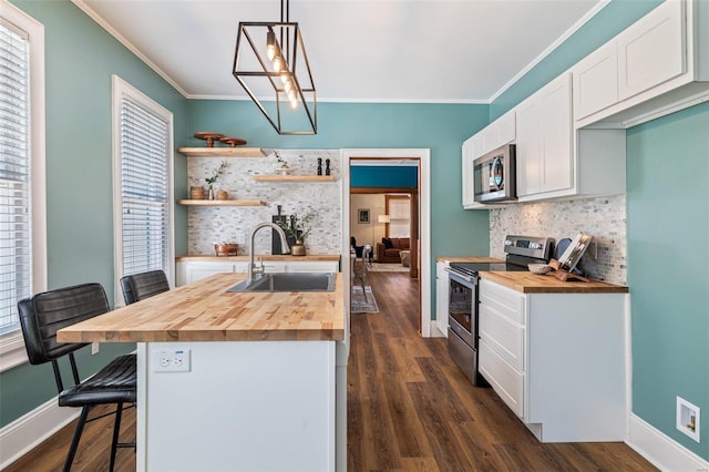 kitchen featuring dark wood-style floors, butcher block countertops, appliances with stainless steel finishes, crown molding, and a sink