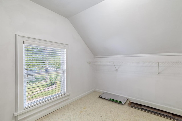 walk in closet featuring lofted ceiling