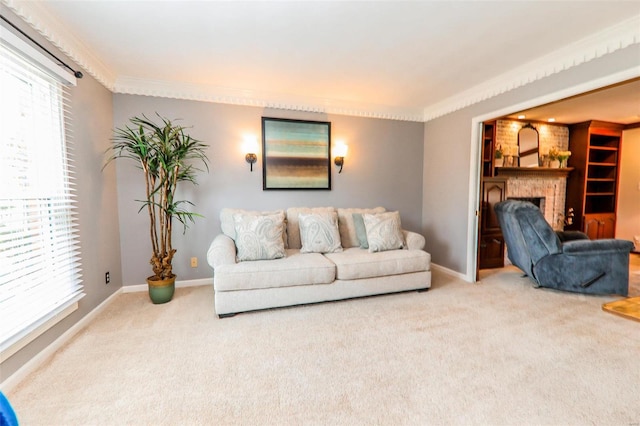 living room with a fireplace, carpet flooring, and a healthy amount of sunlight