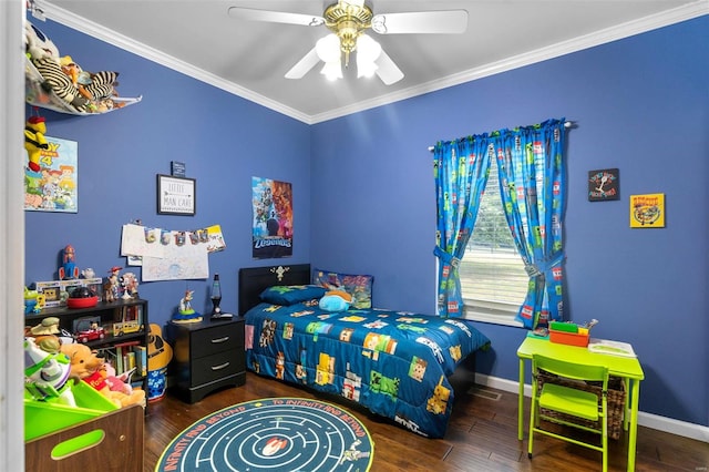 bedroom with baseboards, ornamental molding, ceiling fan, and dark wood-style flooring