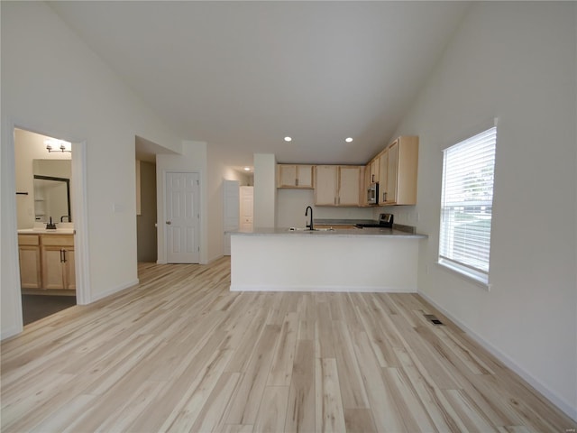 unfurnished living room featuring sink and light hardwood / wood-style floors