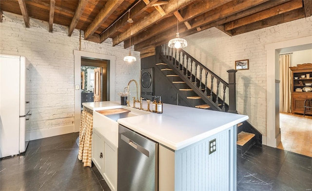 kitchen featuring beamed ceiling, pendant lighting, stainless steel dishwasher, white refrigerator, and white cabinets