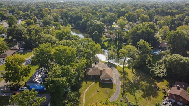 bird's eye view featuring a water view and a forest view