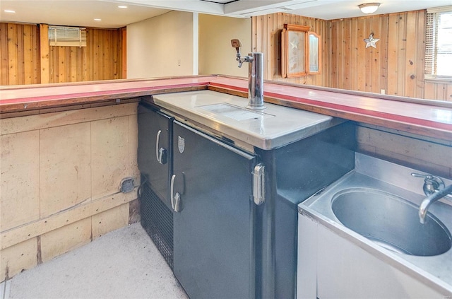 interior space featuring wood walls and a sink