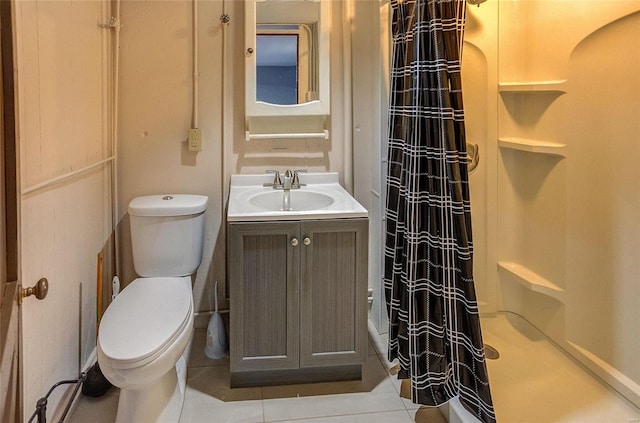 full bath with curtained shower, vanity, toilet, and tile patterned floors