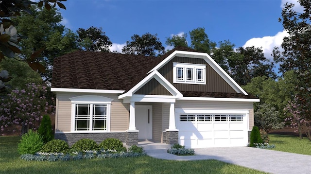 craftsman house featuring a garage, stone siding, board and batten siding, and driveway