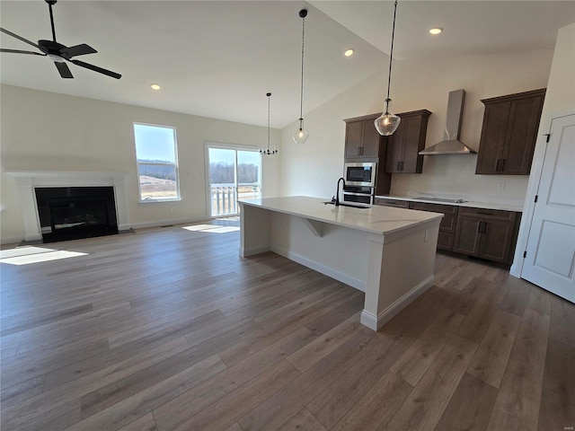 kitchen with a ceiling fan, a sink, light wood-style floors, appliances with stainless steel finishes, and wall chimney range hood