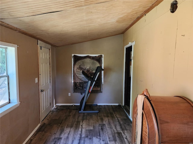 interior space featuring wood ceiling, baseboards, vaulted ceiling, ornamental molding, and dark wood finished floors