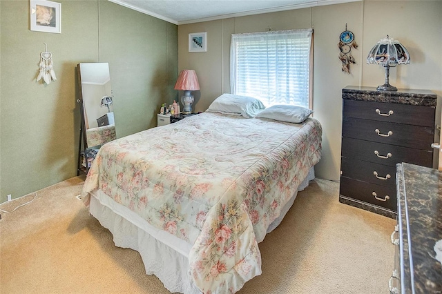 carpeted bedroom with ornamental molding