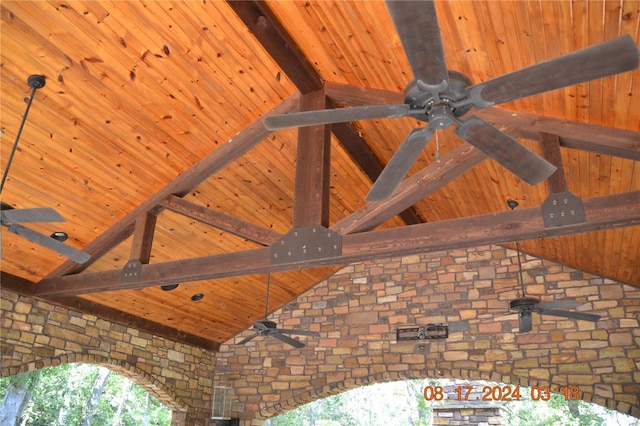 details featuring ceiling fan, beam ceiling, and wooden ceiling