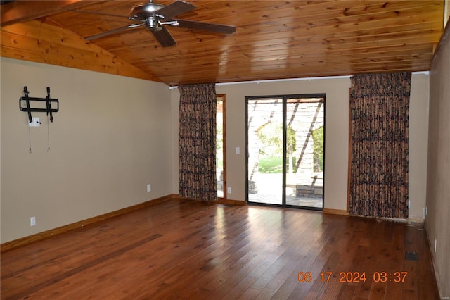 spare room with ceiling fan, lofted ceiling, wooden ceiling, and hardwood / wood-style flooring