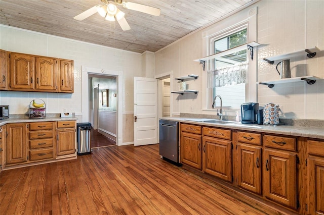 kitchen with dishwasher, dark wood-type flooring, light countertops, open shelves, and a sink