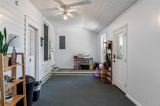 foyer entrance with lofted ceiling, wooden ceiling, electric panel, and a ceiling fan