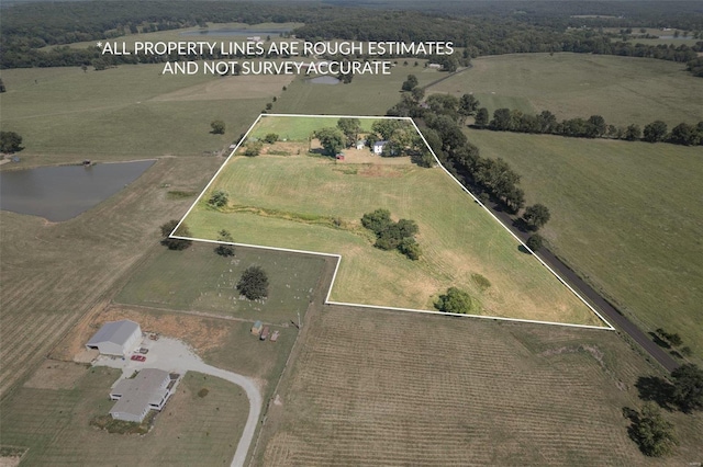 aerial view featuring a water view and a rural view