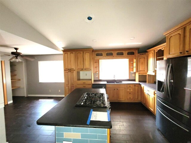 kitchen featuring appliances with stainless steel finishes, dark hardwood / wood-style flooring, lofted ceiling, ceiling fan, and sink