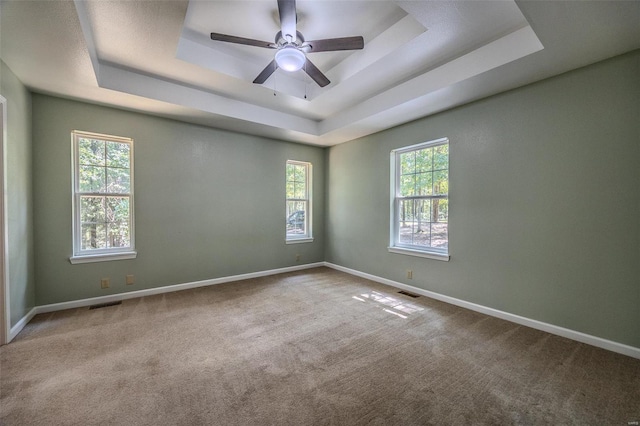 unfurnished room with carpet flooring, ceiling fan, and a tray ceiling