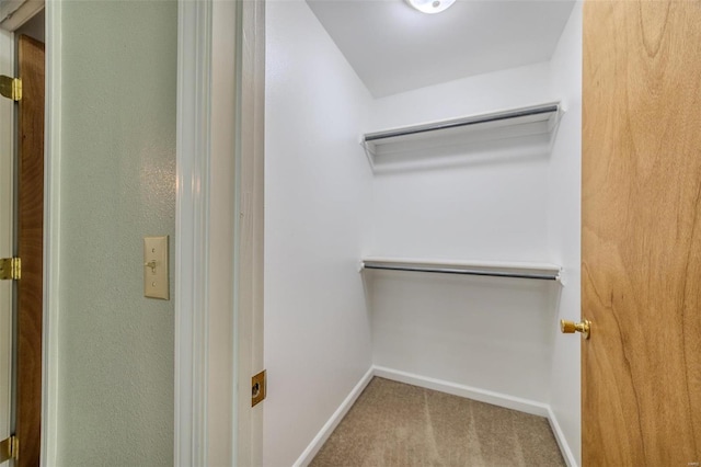 walk in closet featuring light colored carpet