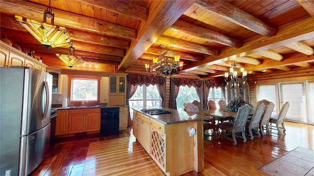 kitchen featuring a center island, appliances with stainless steel finishes, and wooden ceiling