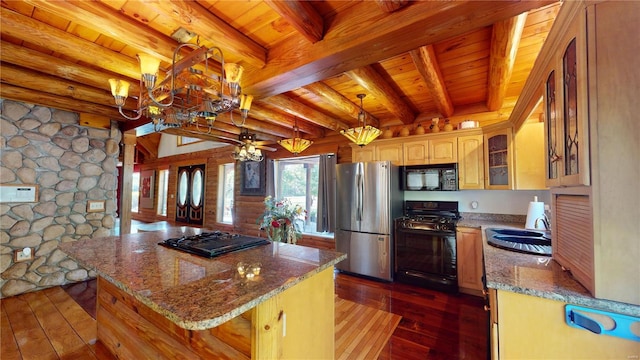 kitchen featuring wood ceiling, beam ceiling, black appliances, dark wood-type flooring, and sink