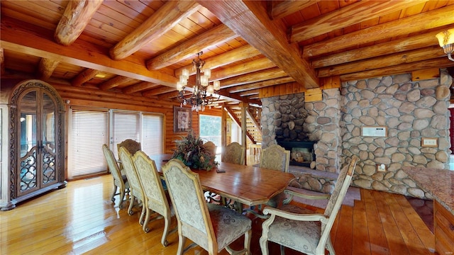 dining space featuring beam ceiling, a chandelier, light wood-type flooring, and wooden ceiling