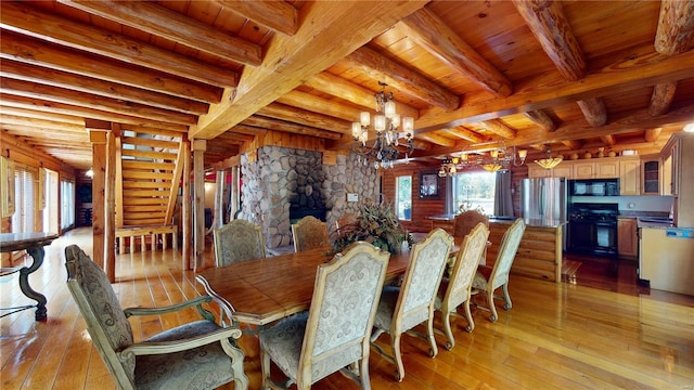 dining area featuring light hardwood / wood-style floors, beamed ceiling, and wooden ceiling